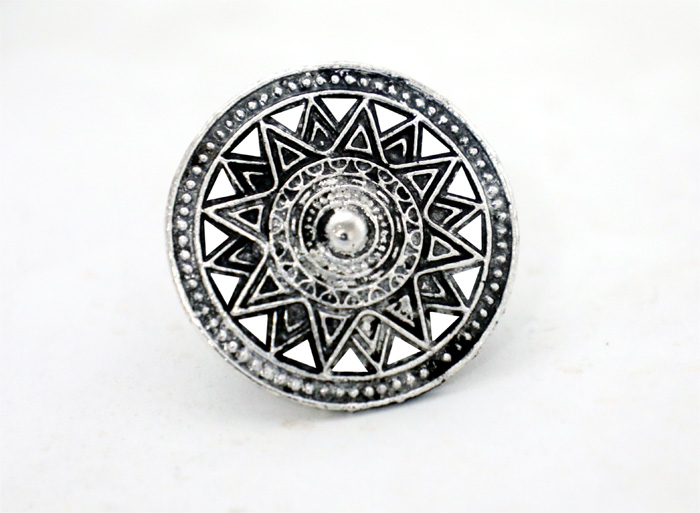 Oxidised Silver Mughal Sun Design Adjustable Ring, Antique Mughal Design Round Shaped Ring