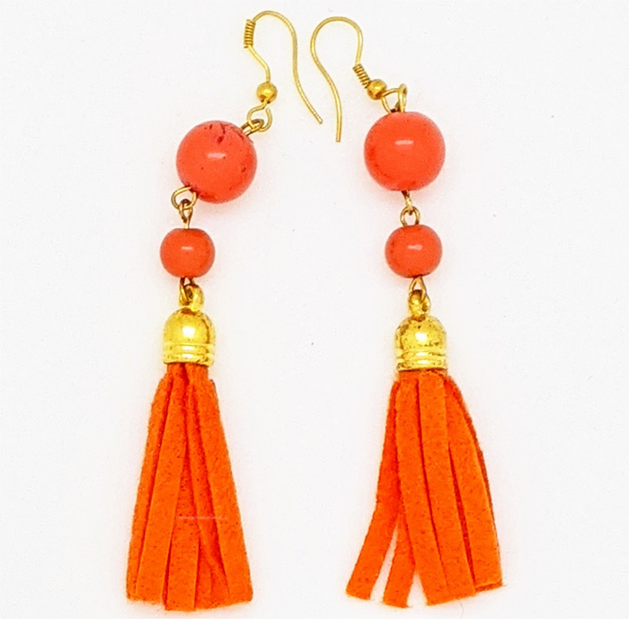 Drop Shaped Orange Silver Toned Earings, Gold Tone Danglers with Orange Felt Tassels and Beads
