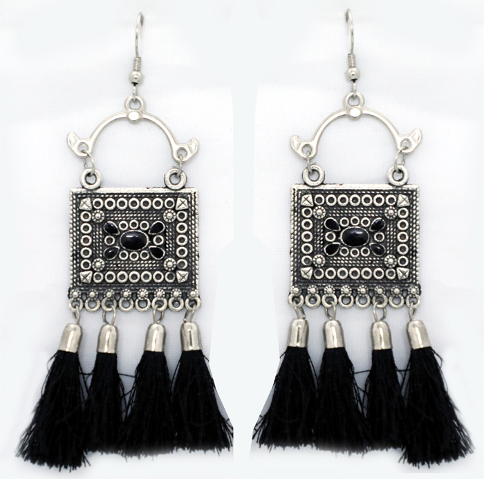 Drop Dangle Boho Look Black Tassel Earrings