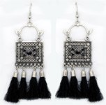 Black Fringe Earrings with Engraved Silver Tone Metal [7062]