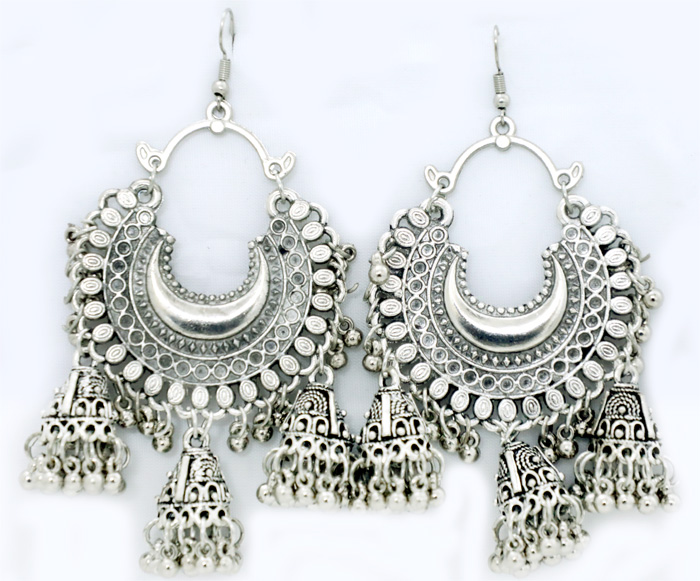 Jaipuri Earrings in All Silver with Bell Hangings