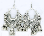 Jaipuri Earrings in All Silver with Bell Hangings