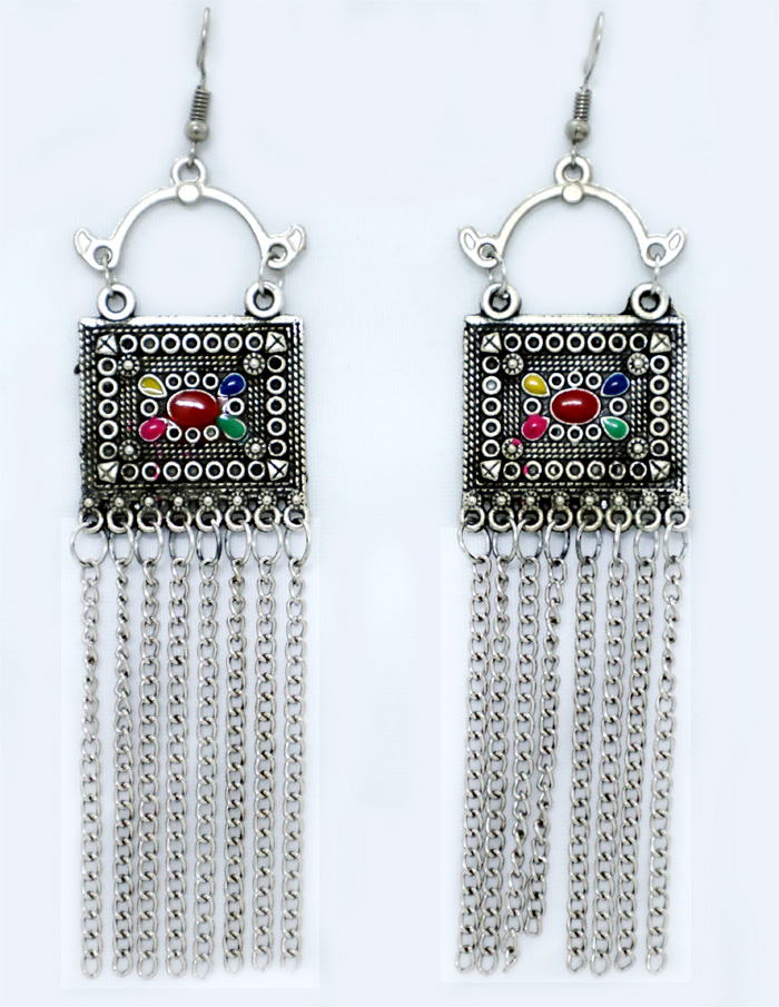 Chain Hangings and Silver Tribal Gypsy Earrings, Fish Hook Drop Silver Tone Earrings with Enamel