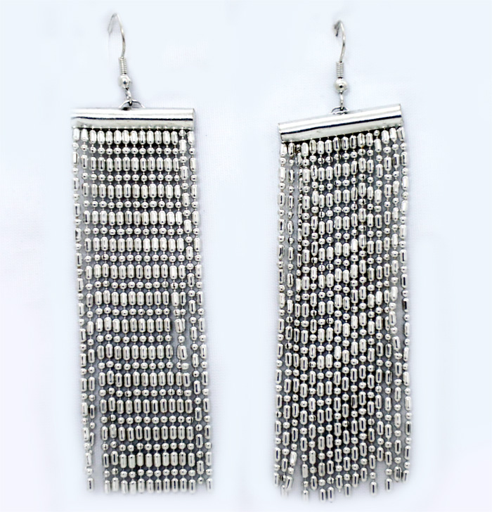 Long Dangling Silver Toned Earrings, Boho Beads Curtain Earrings in Silver
