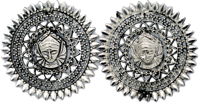 Round Sun Shape Silver Toned Earrings, Ancient Goddess Shield Stud Earrings in Silver