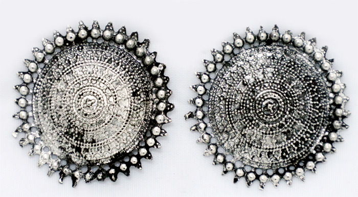 Round Shield Blackened Silver Toned Earrings, Vintage Shield Earrings in Oxidized Silver
