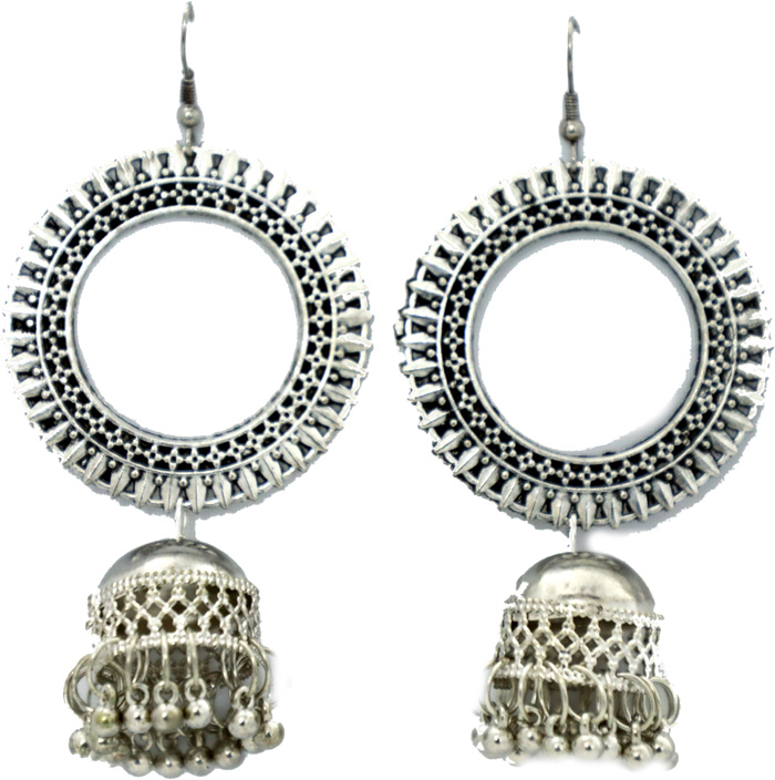 Ring and Jhumki Drops Silver Toned Earrings, Ancient Ring Silver Earrings with Umbrella Hangings