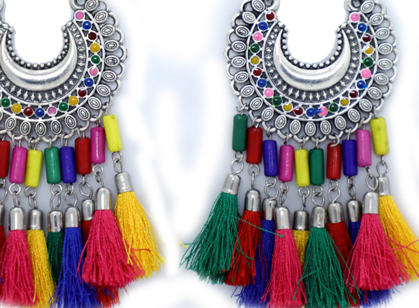 Colored Tassels Hippie Earrings in Silver