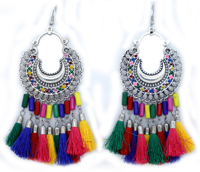 Designer Silver Jhumki and Colorful Tassels Earrings, Colored Tassels Hippie Earrings in Silver