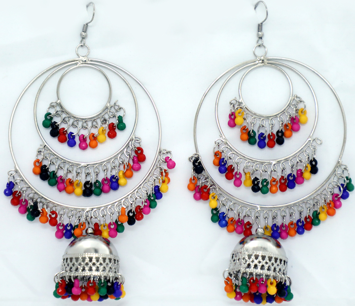 Silver Toned 3 Hoop Earrings with Colorful Beads, Multicolor Bead Silver Toned Long Festival Earrings