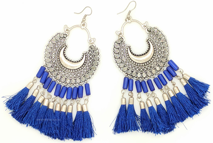 Designer Silver Crescent Blue Earrings, Blue Bells Silver Crescent Gypsy Earrings