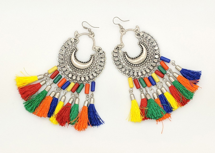 Festive Boho Earrings in Silver, Multicolored Cresent Moon Festive Earrings
