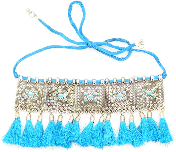 Festive Boho Choker in Silver, Turquoise Blue and Silver Alloy Choker