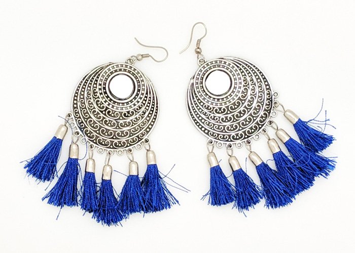 Designer Silver Moon Blue Earrings, Blue Tassel Earrings with Silver Metal Alloy
