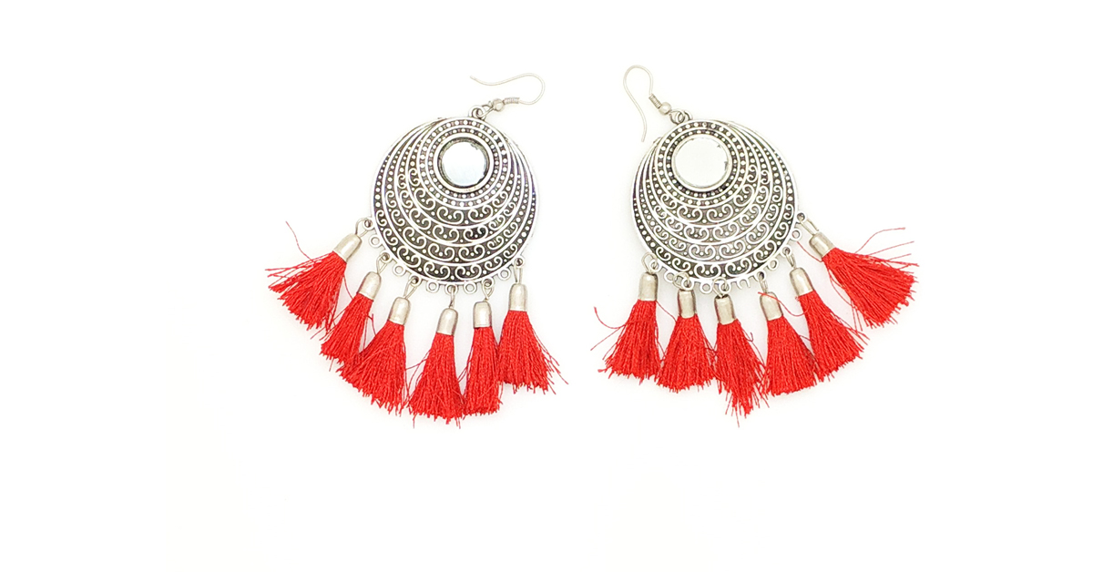 Red Tassel Earrings with Silver Accents