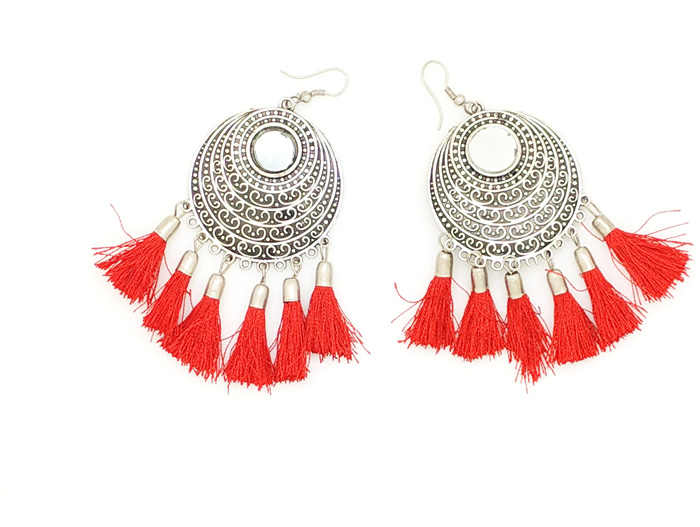 Red and Silver Boho Earrings, Red Tassel Bohemian Party Earrings