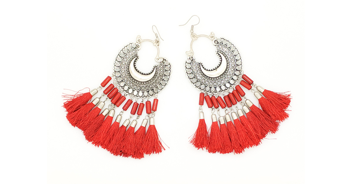 Red Triangle Mirror Tassel Earring – Phuljhadi