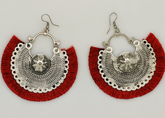 Red Tassel Boho Earrings, Red Party Earrings in Silver Metal Alloy