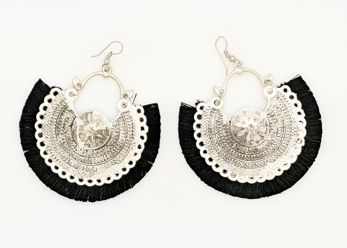 Black Circular Tassel Boho Earrings, Black Bohemian Fabric Crescent Earrings