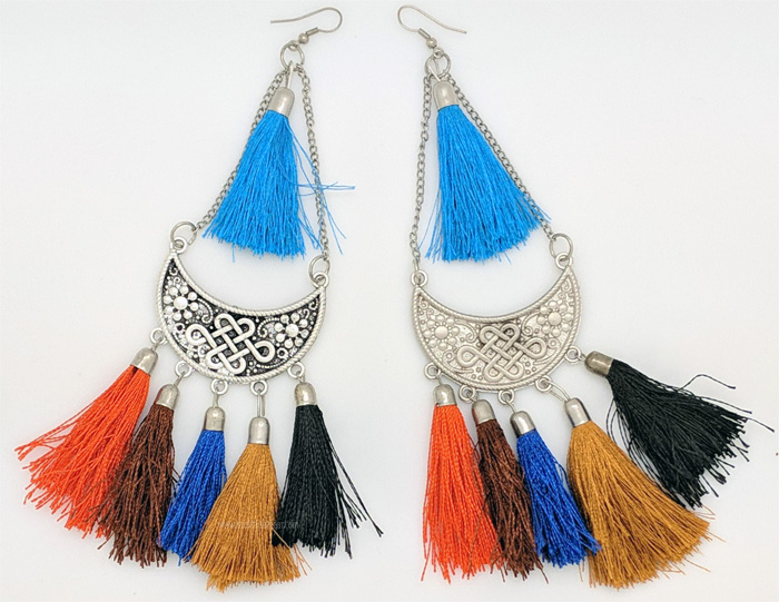 Designer Silver Jhumki and Colorful Tassels Earrings, Brown Coral Bell Tassels Hippie Earrings