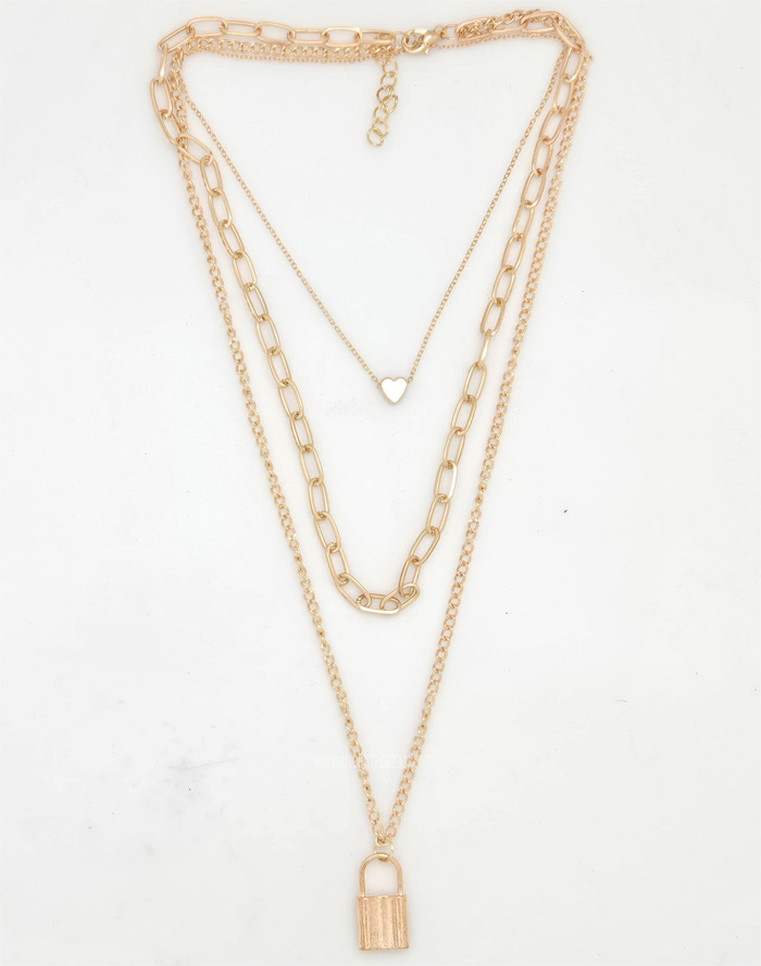 Golden Lock Heart Three Strand Necklace Set