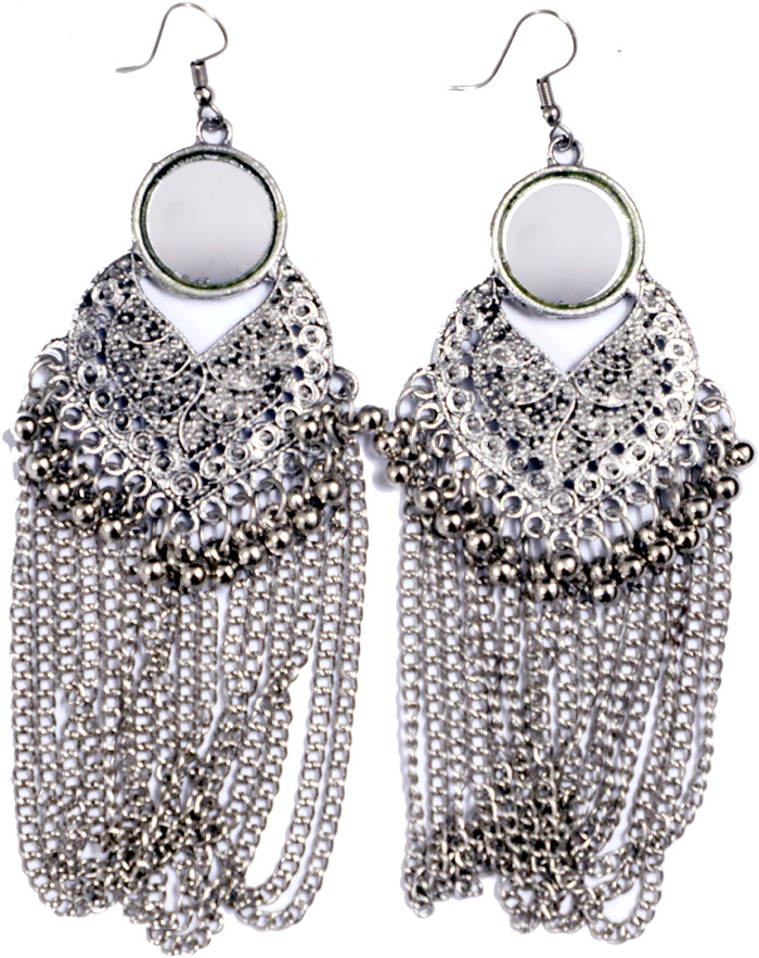 Silver Tone Earrings with Beads and Chain Accents