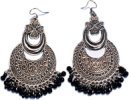 Engraved Silver Toned Dangle Boho Earrings with Black Beads