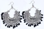 Classic Tribal Earrings with Black Beads in Silver Tone