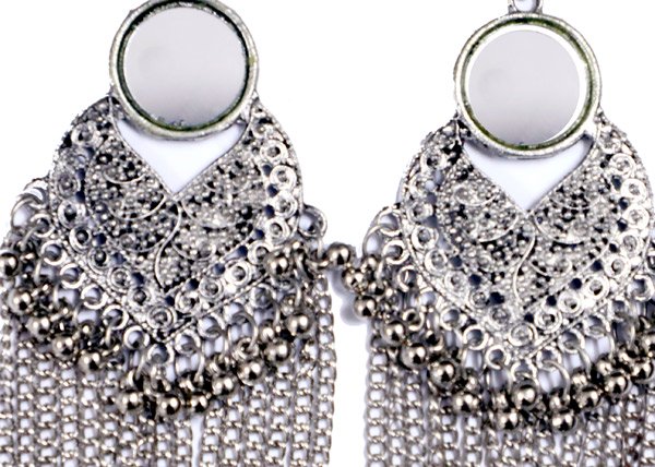 Silver Tone Earrings with Beads and Chain Accents