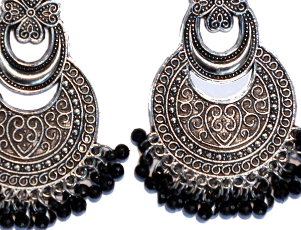 Engraved Silver Toned Dangle Boho Earrings with Black Beads