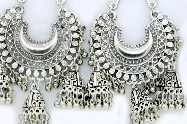 Jaipuri Earrings in All Silver with Bell Hangings