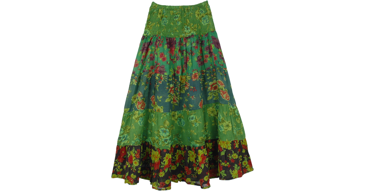 Lush Green Floral Printed Cotton Little Girls Skirt Kids Green