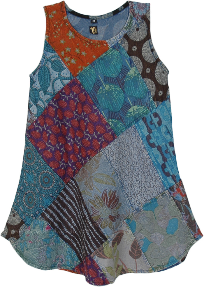 Blue Toned Multi Patchwork Sleeveless Cotton Dress