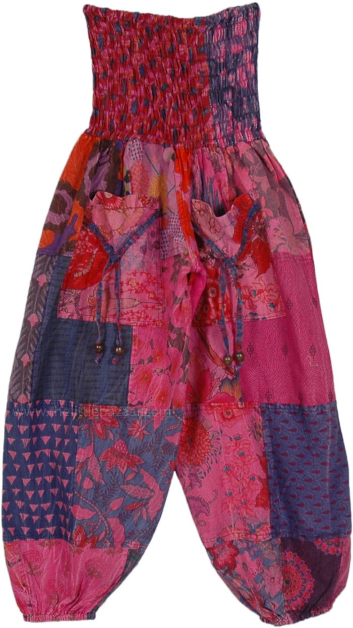 Kids Pink Passion Smocked Waist Patchwork Harem Pants