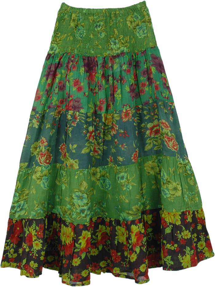 Lush Green Floral Printed Cotton Little Girls Skirt Kids Green