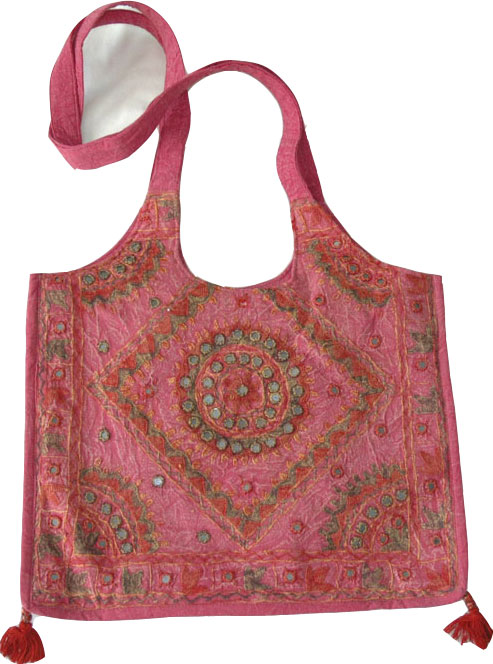 Bohemian Shoulder Bag in Pink with Mirrors	