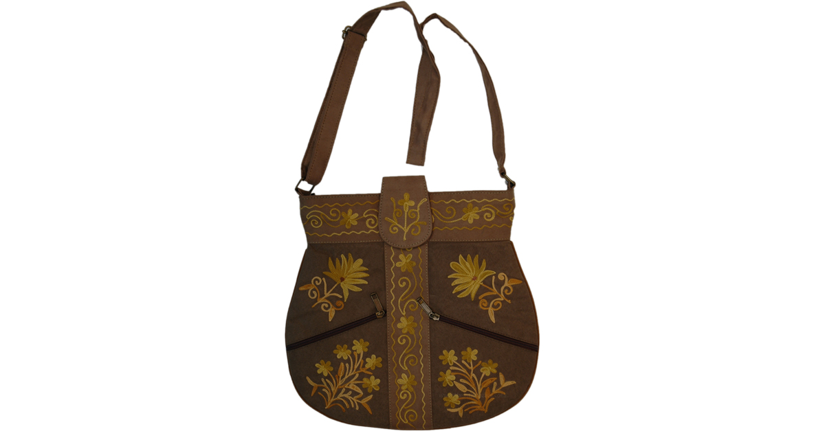 Embroidered Brown Cross Body Bag with Adjustable Strap PursesBags