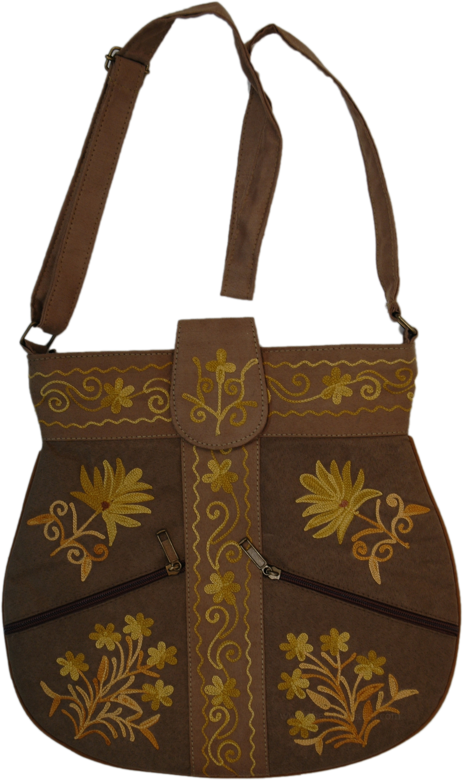 Embroidered Brown Cross Body Bag with Adjustable Strap