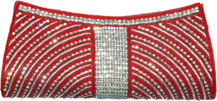 Red Beads Party Purse with Shiny Rhinestone Work