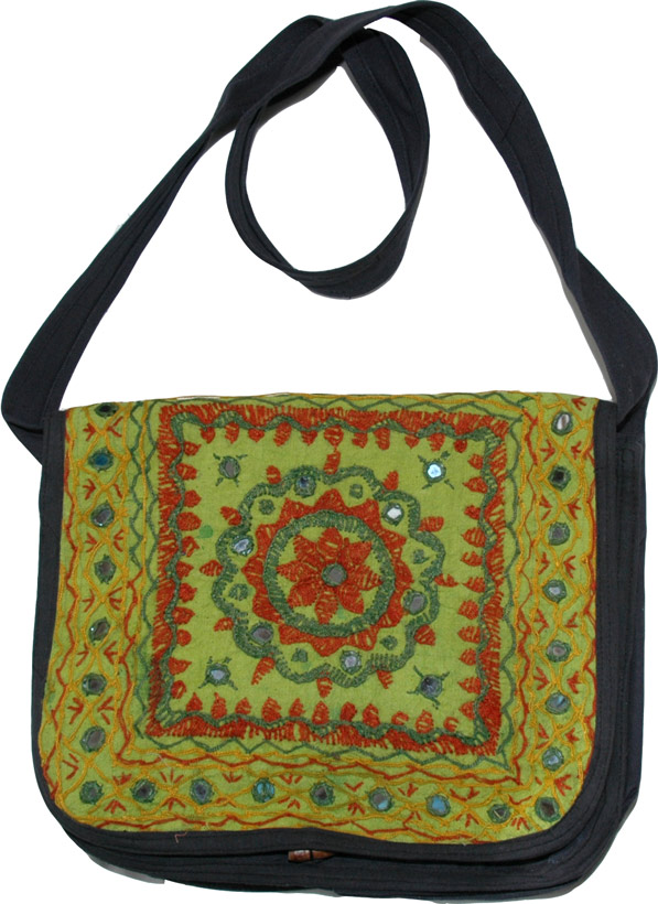 Green Black Flap Ethnic Bag