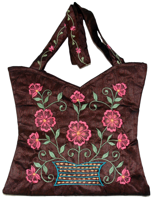 Brown Floral Silk Handbag