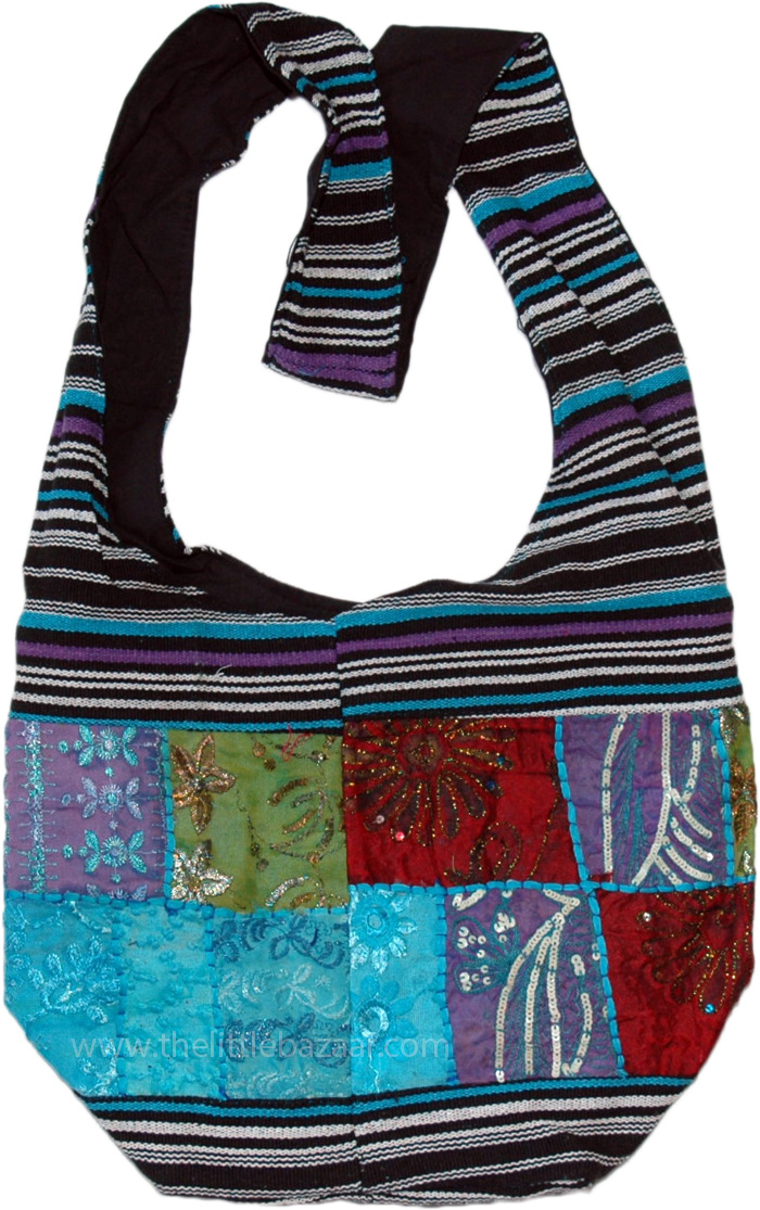 Boho Chic Side Sling Bag with Applique Work and Stripes