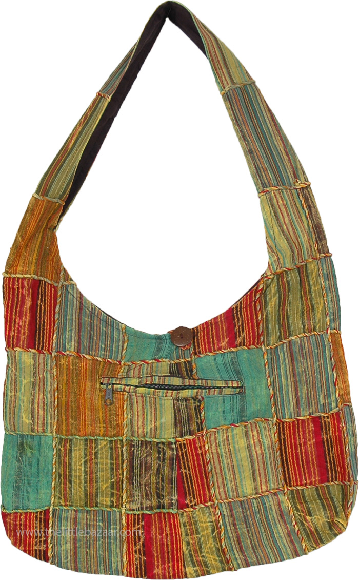 Green Patchwork Cotton Handbag with Front Zipper Pocket