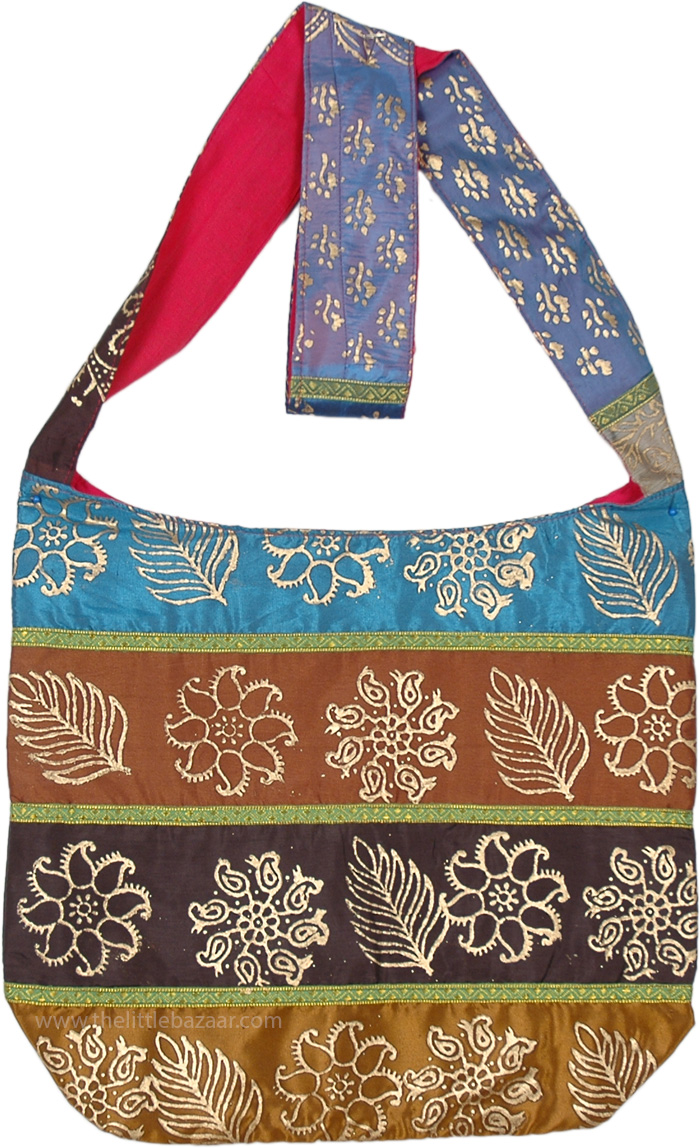 Boho Sling Bag with Golden Floral Paint Work, Purses-Bags, Multicoloured