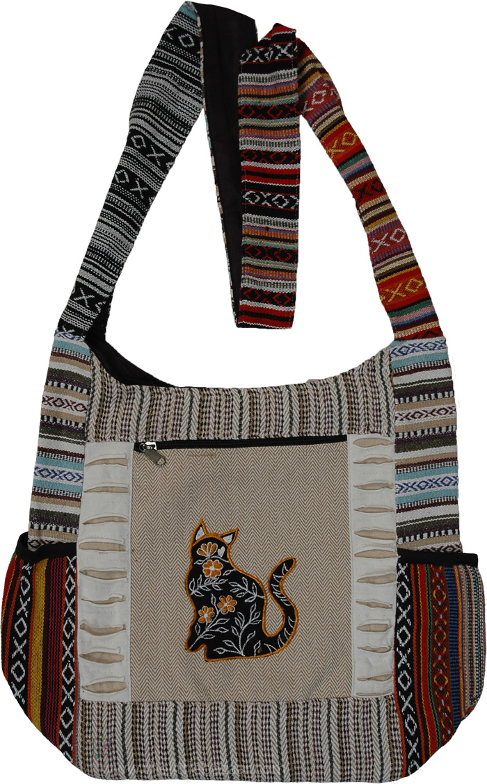 Cat Bohemian Utility Cotton Bag, Floral Feline Cat Outdoor Boho Shoulder Bag