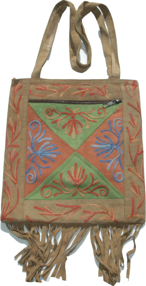 Suede Leather Embroidered Handbag Purse