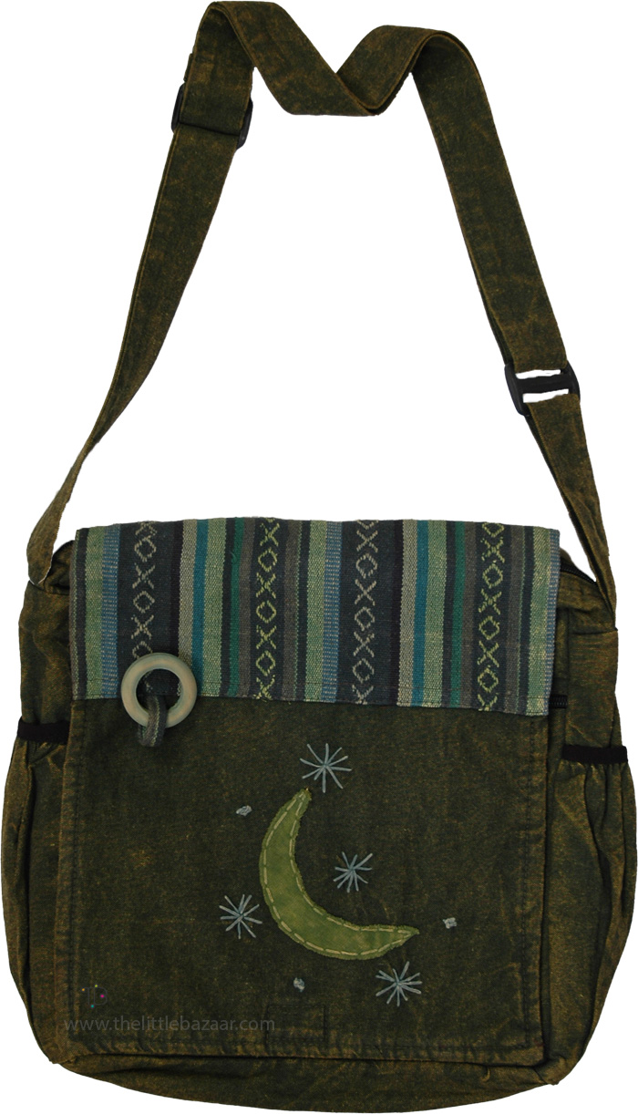 Boho Moon Cotton Shoulder Adjustable Strap Bag, Green Moon Selenophile Laptop Boho Bag