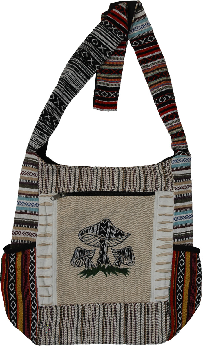 Mystic Mushroom Festival Shoulder Or Cross Body Bag, Toadstool Tribal Striped Woven Hobo Bag