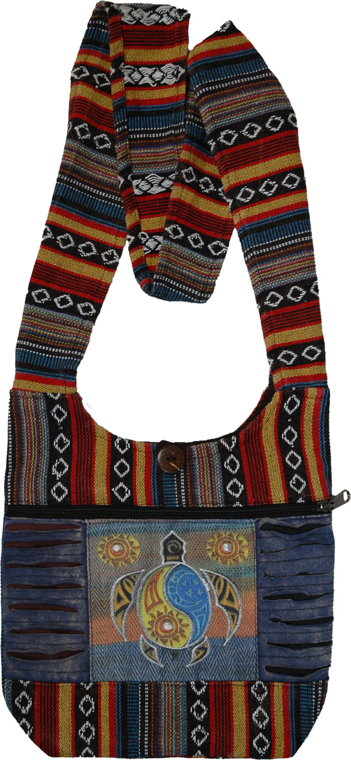 Mini Crossbody Cotton Bag with Woven Aztec Strap, Yin Yang Turtle Mini Boho Crossbody Bag