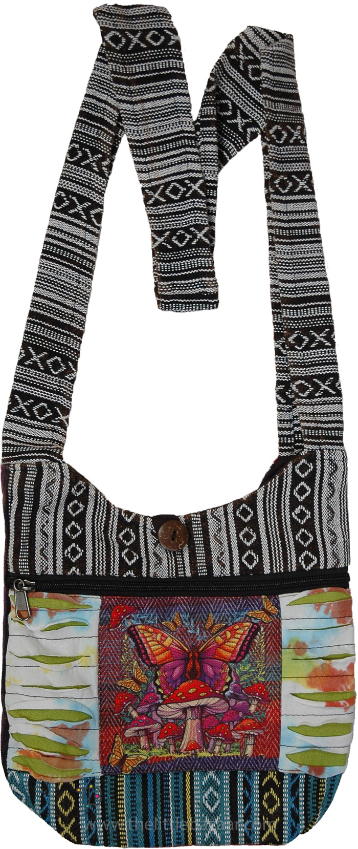 Mini Butterfly Crossbody Cotton Bag with Woven Aztec Strap, Mushroom Butterfly Boho Mini Crossbody Bag